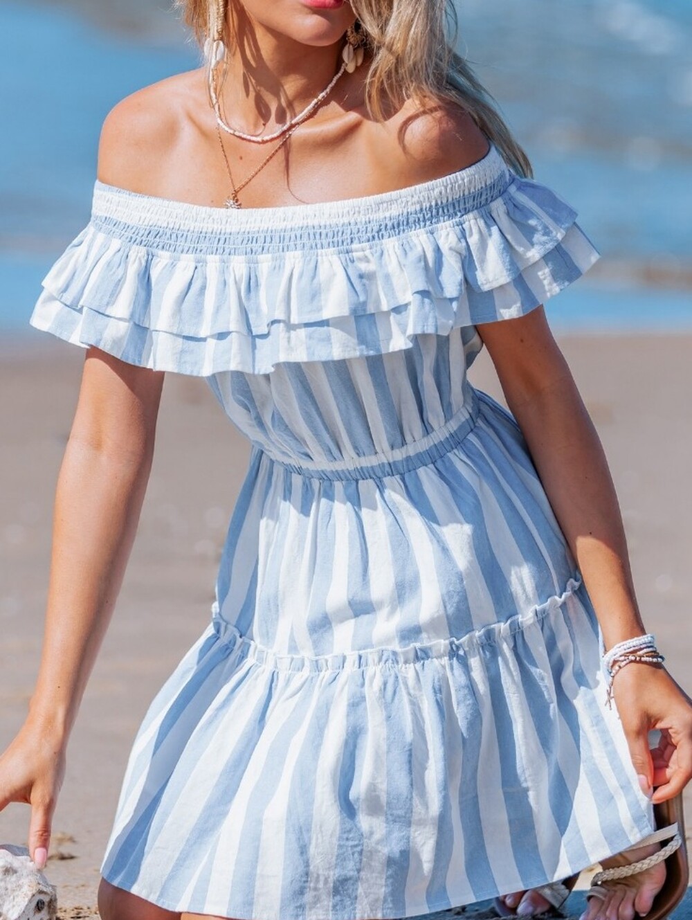 Cupshe Light Blue & White One-Shoulder Striped Sundress